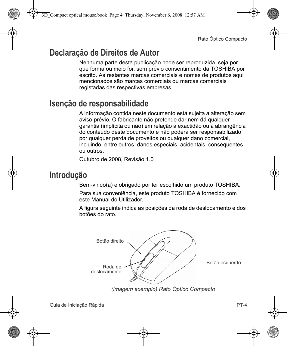 Declaração de direitos de autor, Isenção de responsabilidade, Introdução | Toshiba Compact Optical Mouse User Manual | Page 59 / 68