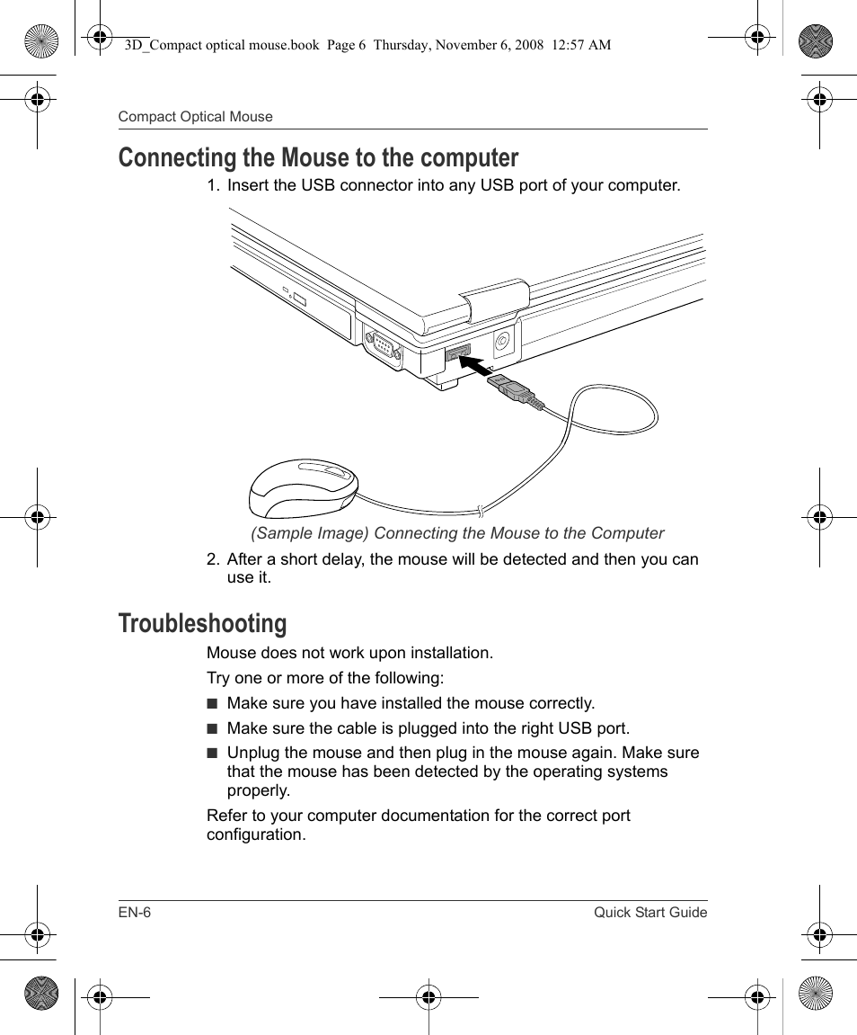 Connecting the mouse to the computer, Troubleshooting | Toshiba Compact Optical Mouse User Manual | Page 6 / 68