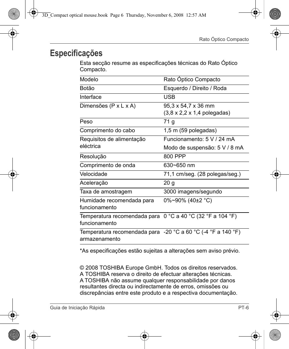Especificações | Toshiba Compact Optical Mouse User Manual | Page 61 / 68