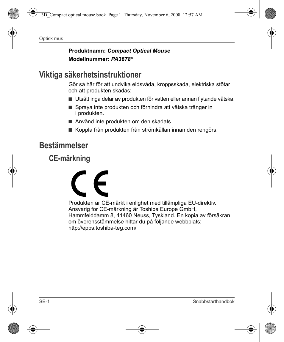 Viktiga säkerhetsinstruktioner, Bestämmelser, Ce-märkning | Toshiba Compact Optical Mouse User Manual | Page 62 / 68