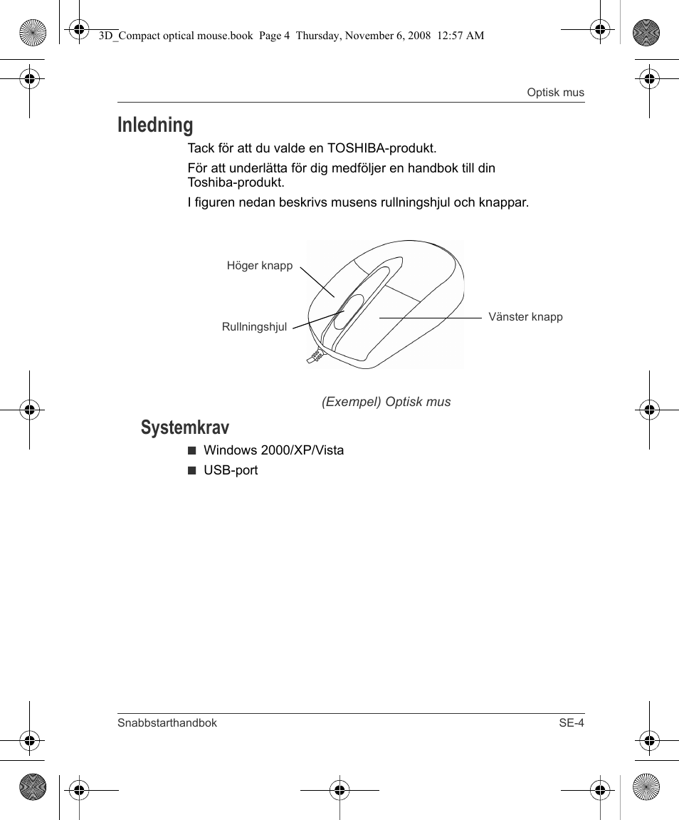 Inledning, Systemkrav | Toshiba Compact Optical Mouse User Manual | Page 65 / 68