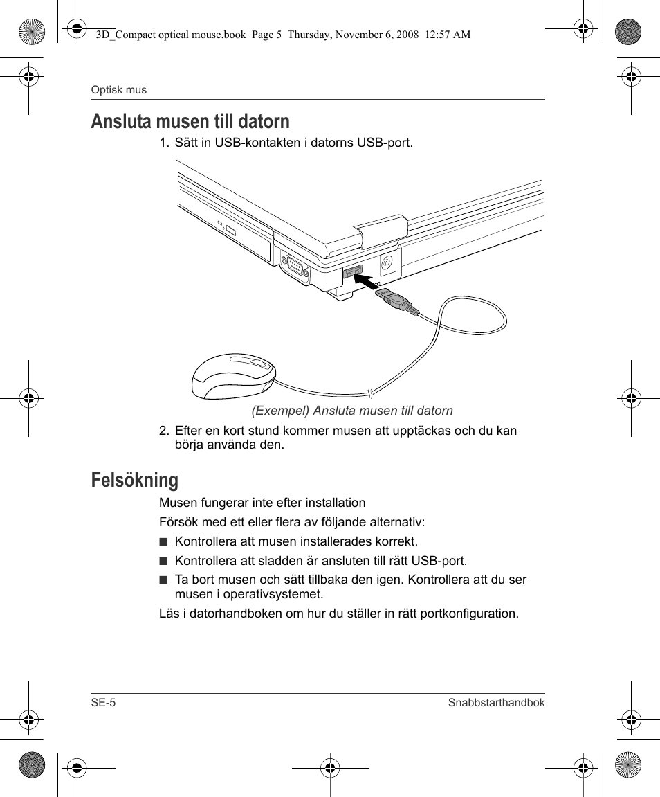 Ansluta musen till datorn, Felsökning | Toshiba Compact Optical Mouse User Manual | Page 66 / 68