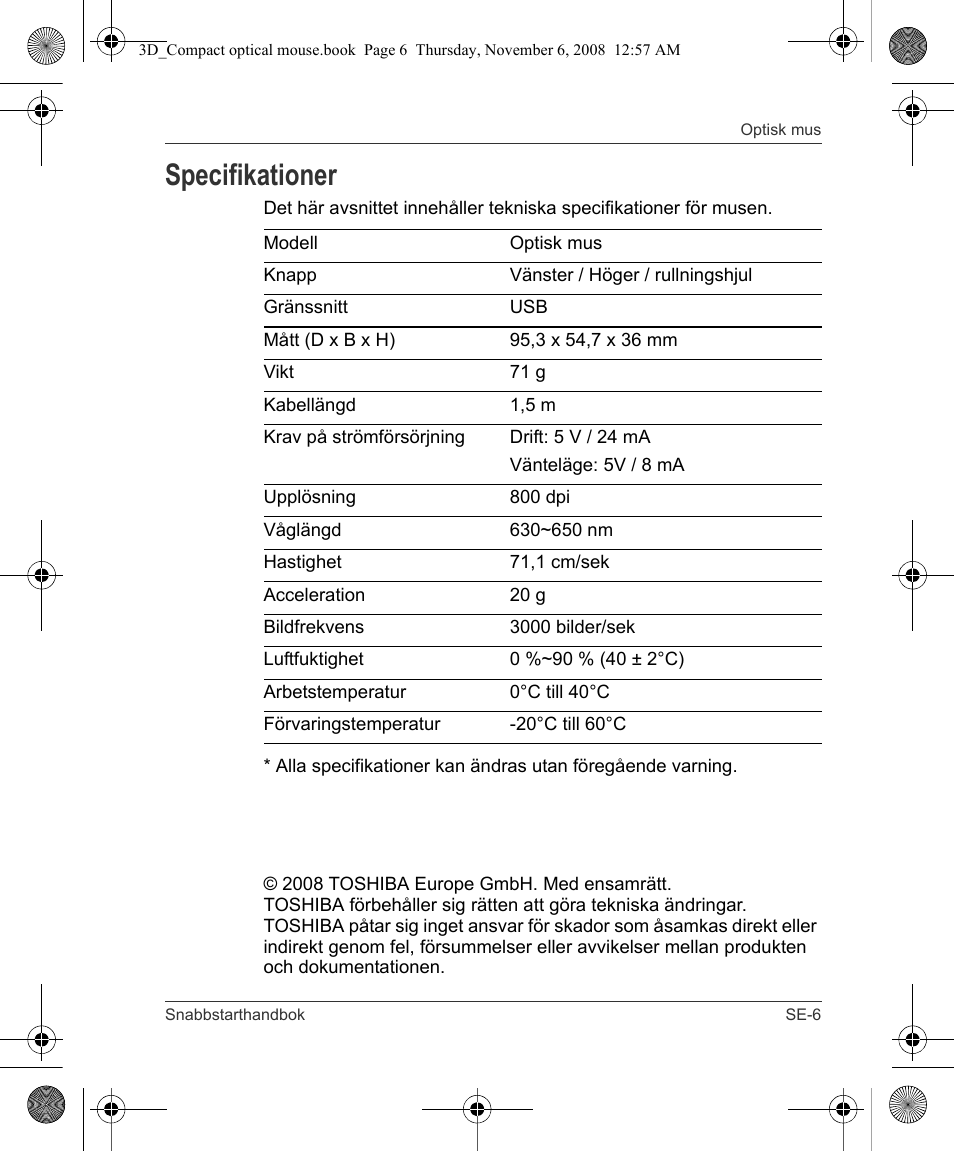 Specifikationer | Toshiba Compact Optical Mouse User Manual | Page 67 / 68