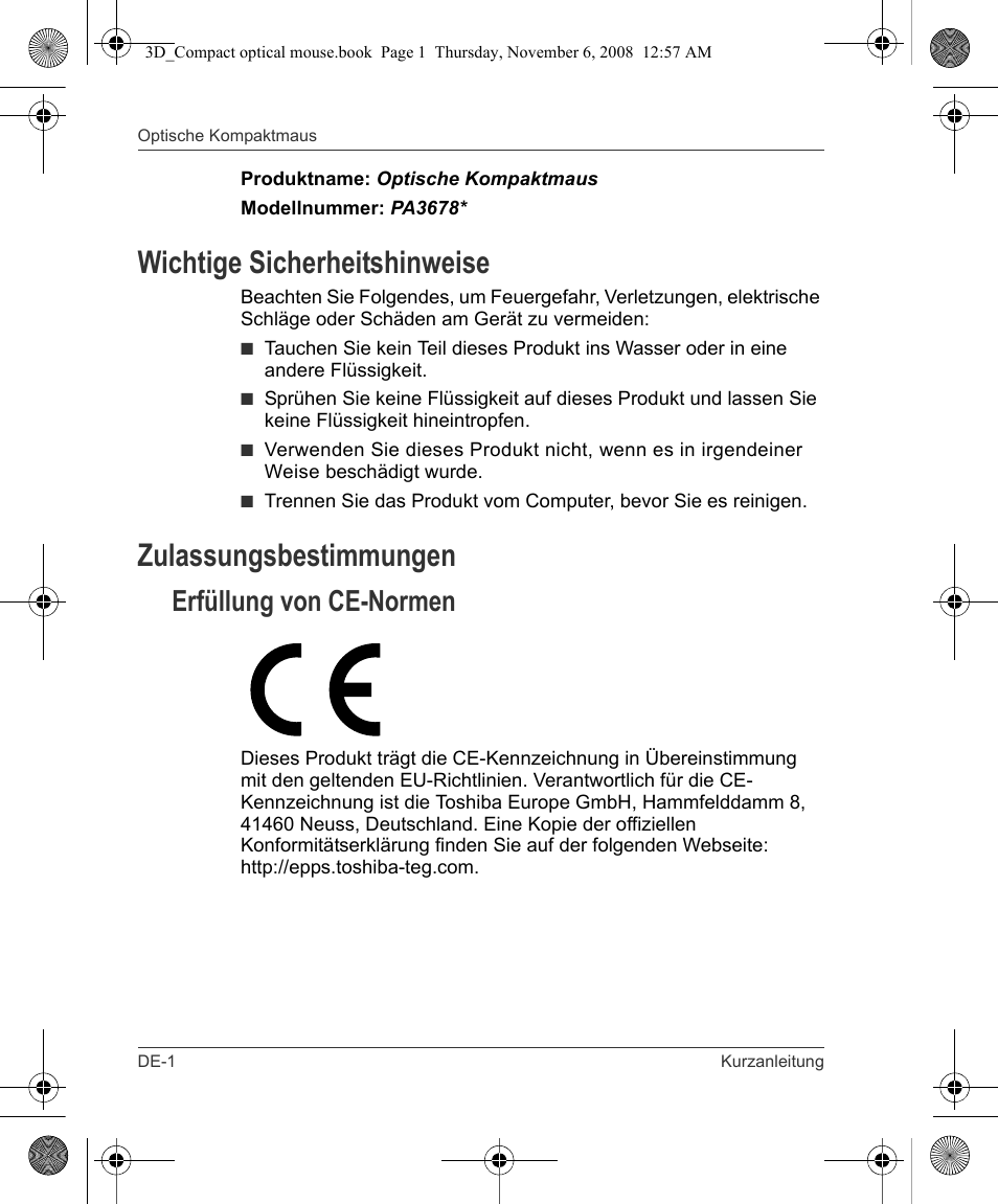 Wichtige sicherheitshinweise, Zulassungsbestimmungen, Erfüllung von ce-normen | Toshiba Compact Optical Mouse User Manual | Page 8 / 68