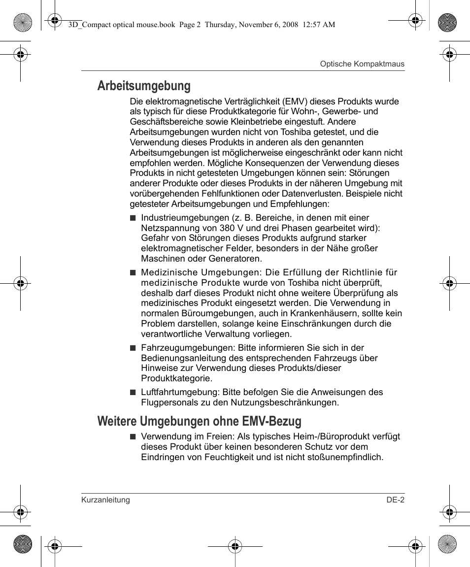 Arbeitsumgebung, Weitere umgebungen ohne emv-bezug | Toshiba Compact Optical Mouse User Manual | Page 9 / 68