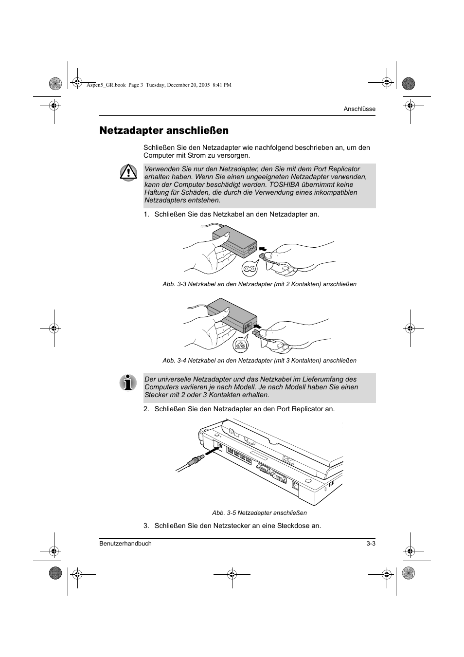 Netzadapter anschließen | Toshiba Express Port Replicator User Manual | Page 101 / 280