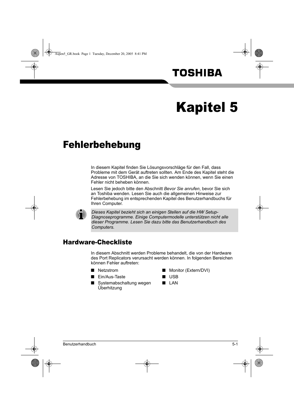 Kapitel 5, Fehlerbehebung, Hardware-checkliste | Toshiba Express Port Replicator User Manual | Page 109 / 280