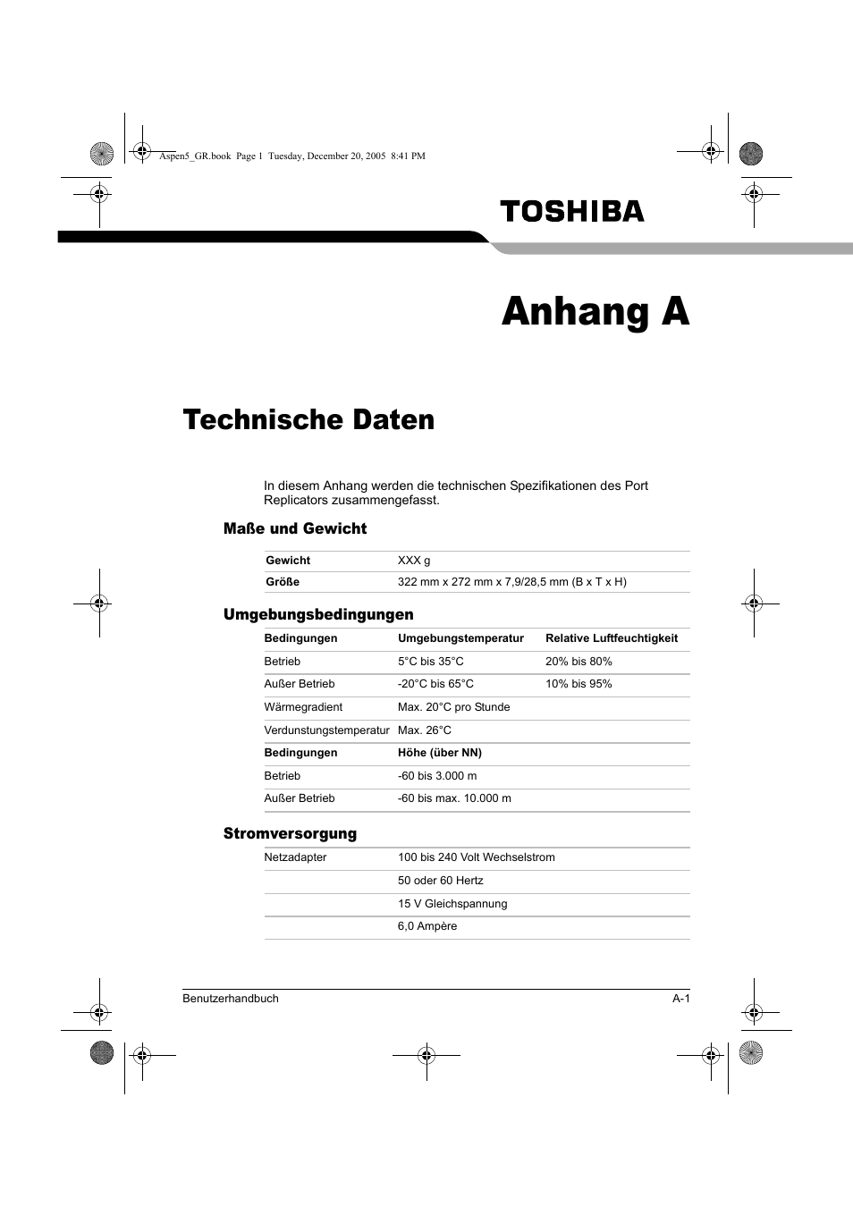 Anhang a, Technische daten | Toshiba Express Port Replicator User Manual | Page 115 / 280