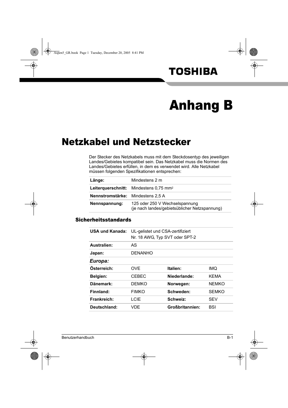 Anhang b, Netzkabel und netzstecker | Toshiba Express Port Replicator User Manual | Page 117 / 280