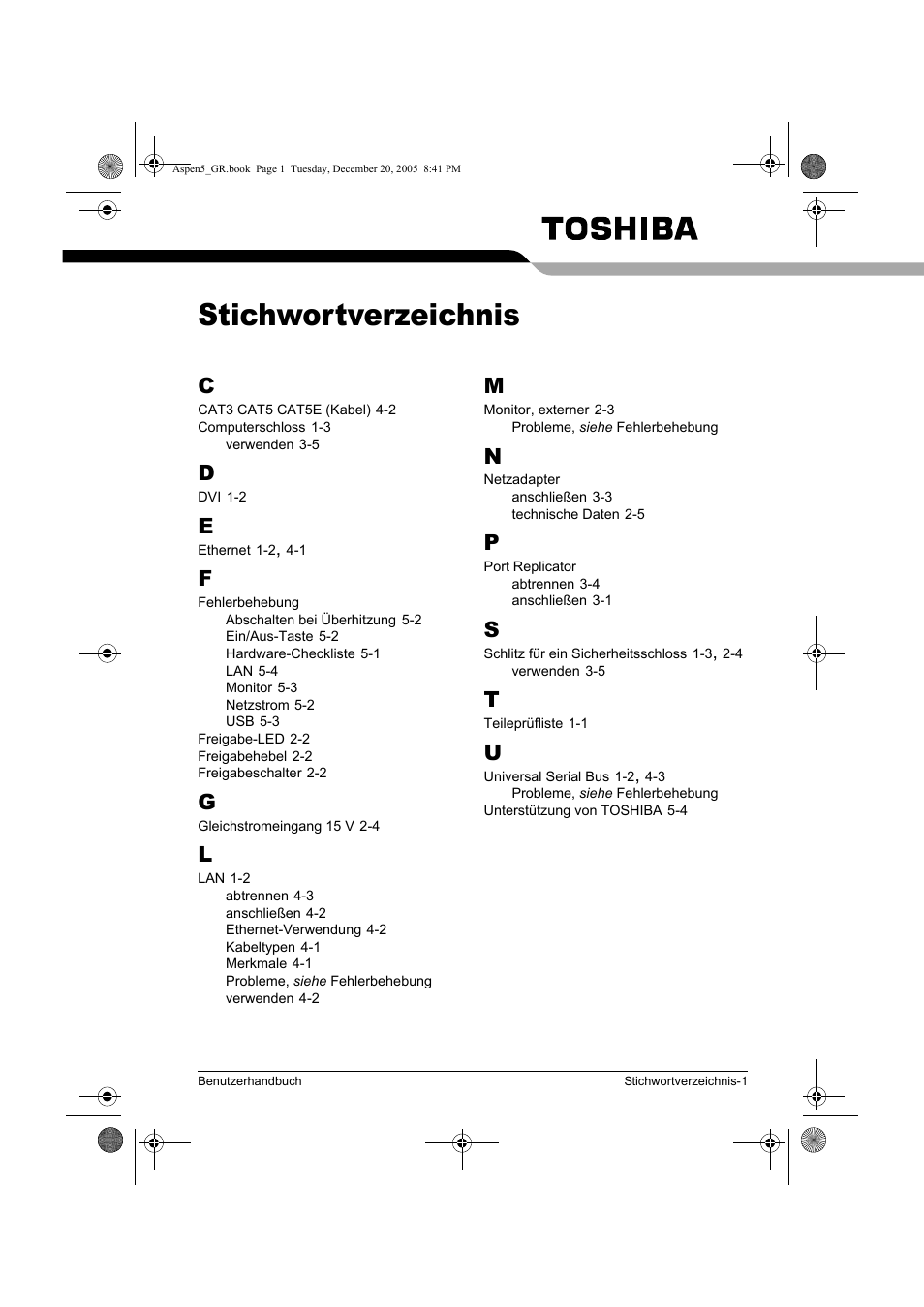 Stichwortverzeichnis | Toshiba Express Port Replicator User Manual | Page 119 / 280