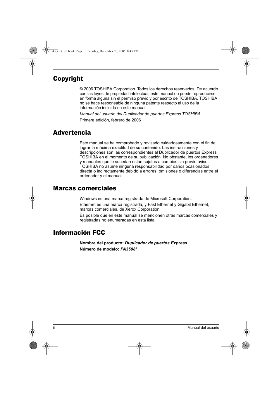 Copyright, Advertencia, Marcas comerciales | Información fcc | Toshiba Express Port Replicator User Manual | Page 122 / 280