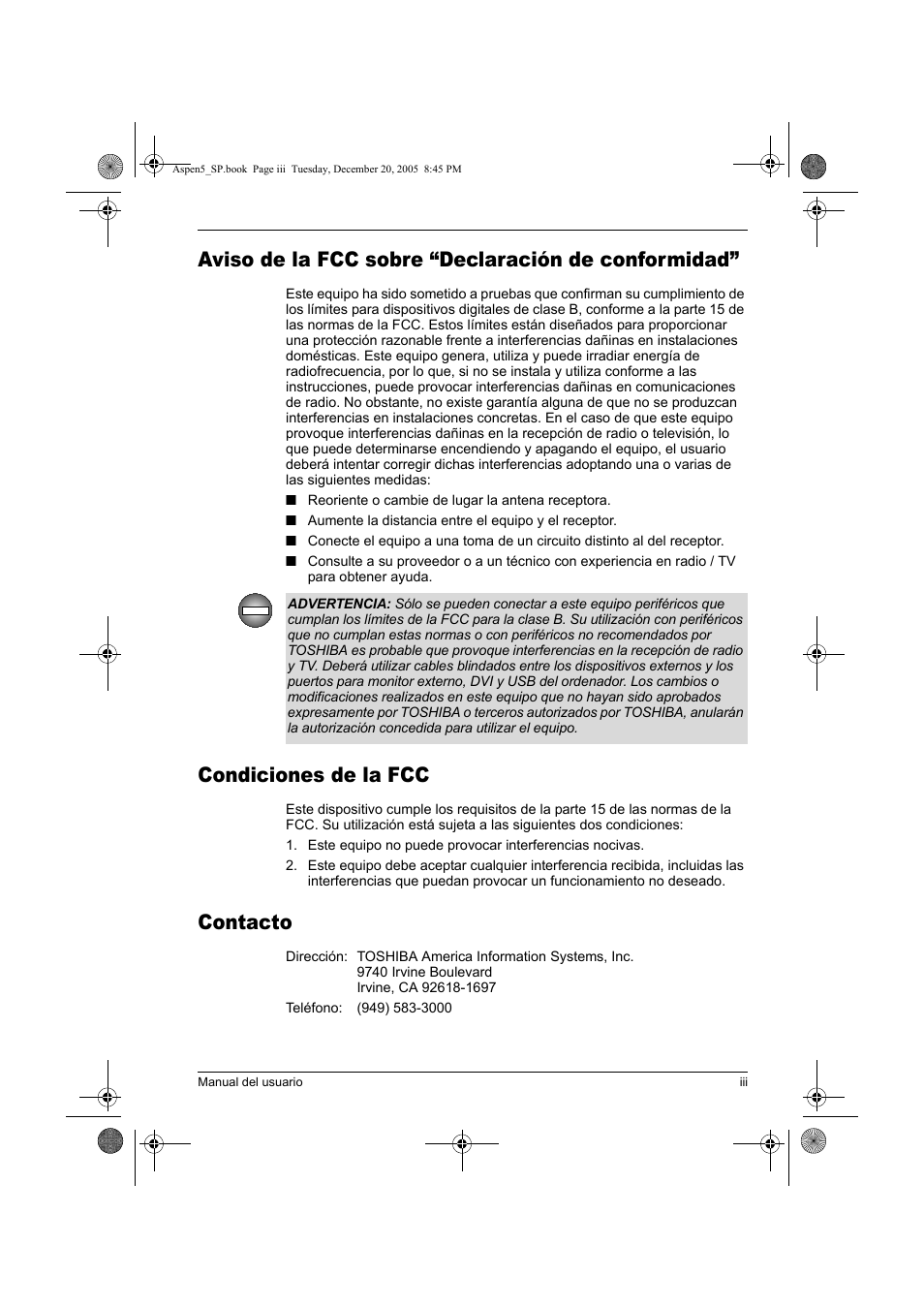 Aviso de la fcc sobre “declaración de conformidad, Condiciones de la fcc, Contacto | Toshiba Express Port Replicator User Manual | Page 123 / 280