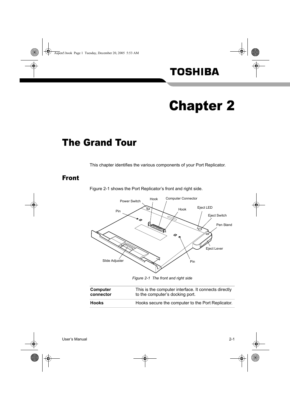 Chapter 2, The grand tour, Front | Toshiba Express Port Replicator User Manual | Page 13 / 280