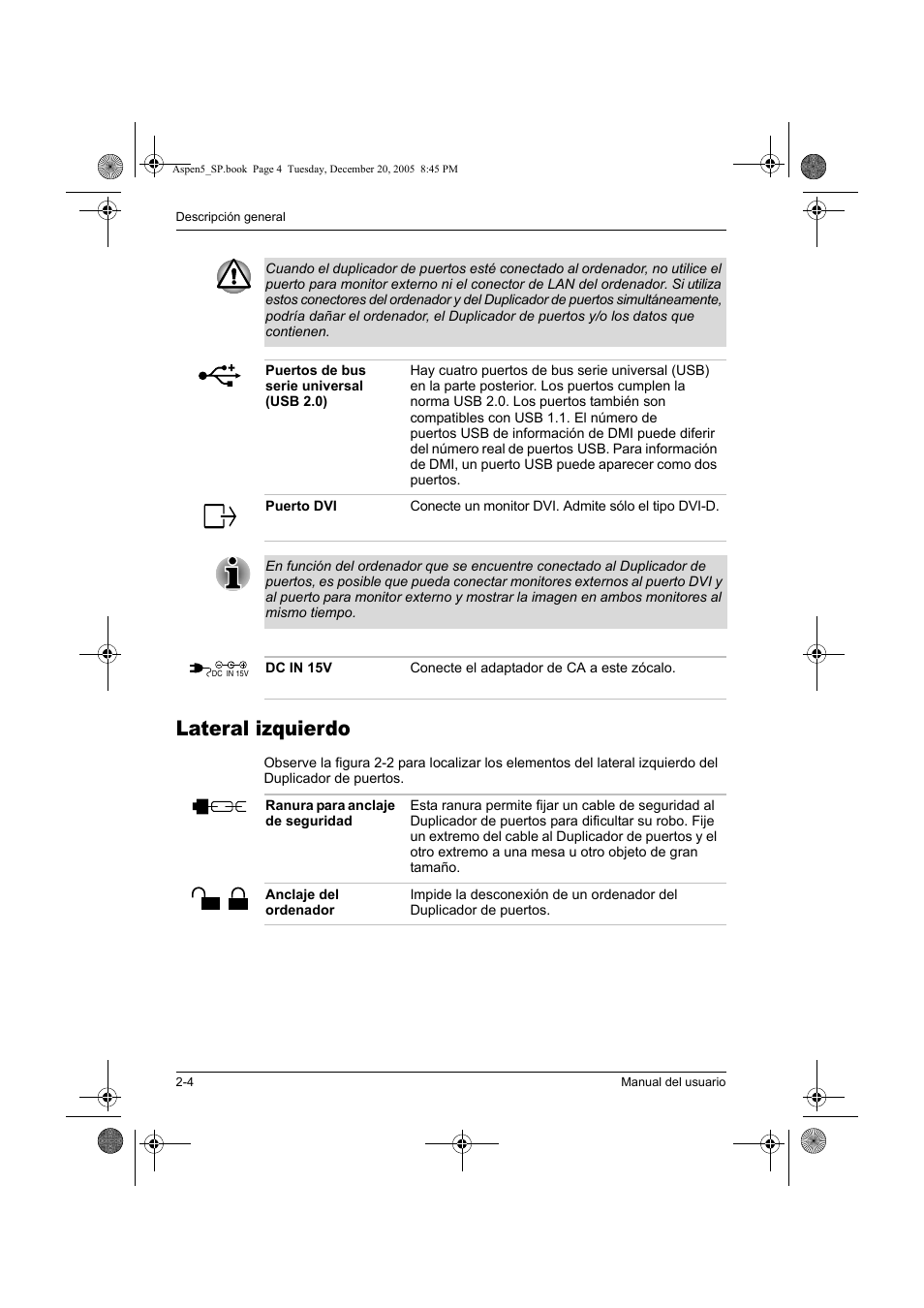 Lateral izquierdo | Toshiba Express Port Replicator User Manual | Page 136 / 280