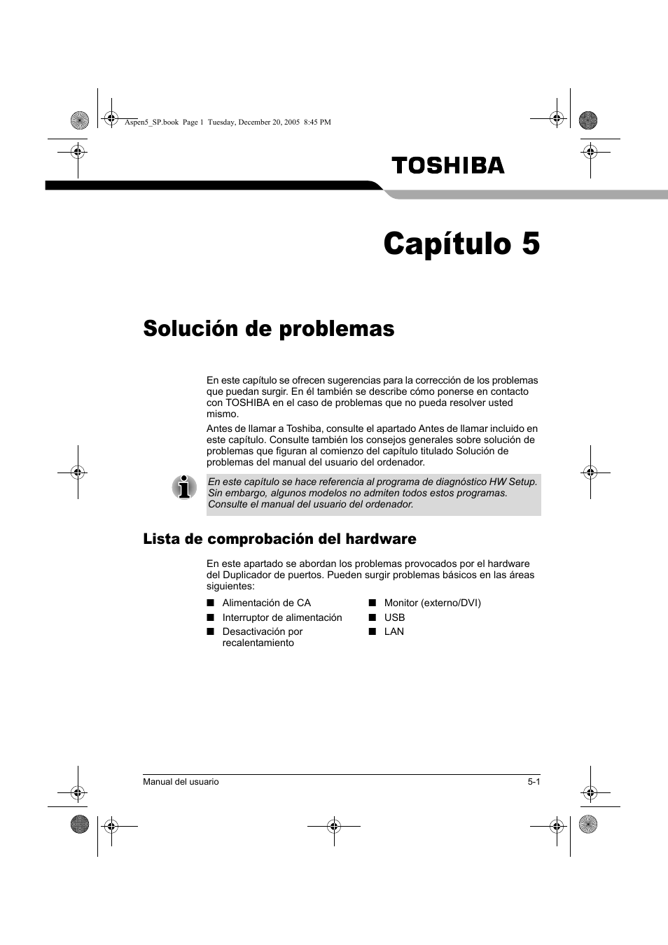 Capítulo 5, Solución de problemas, Lista de comprobación del hardware | Toshiba Express Port Replicator User Manual | Page 149 / 280