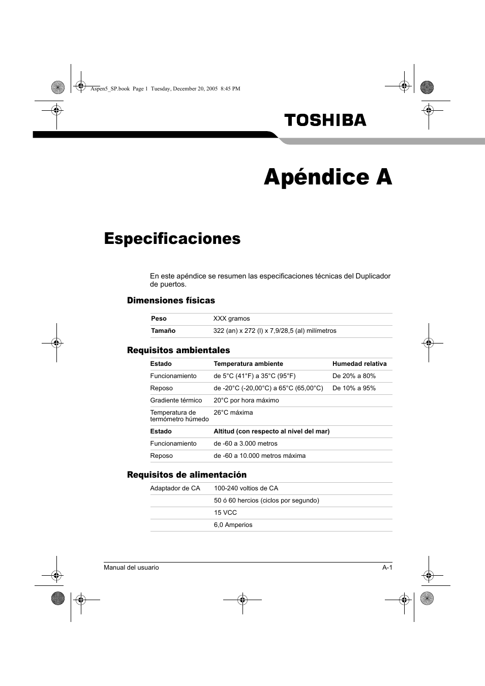 Apéndice a, Especificaciones | Toshiba Express Port Replicator User Manual | Page 155 / 280