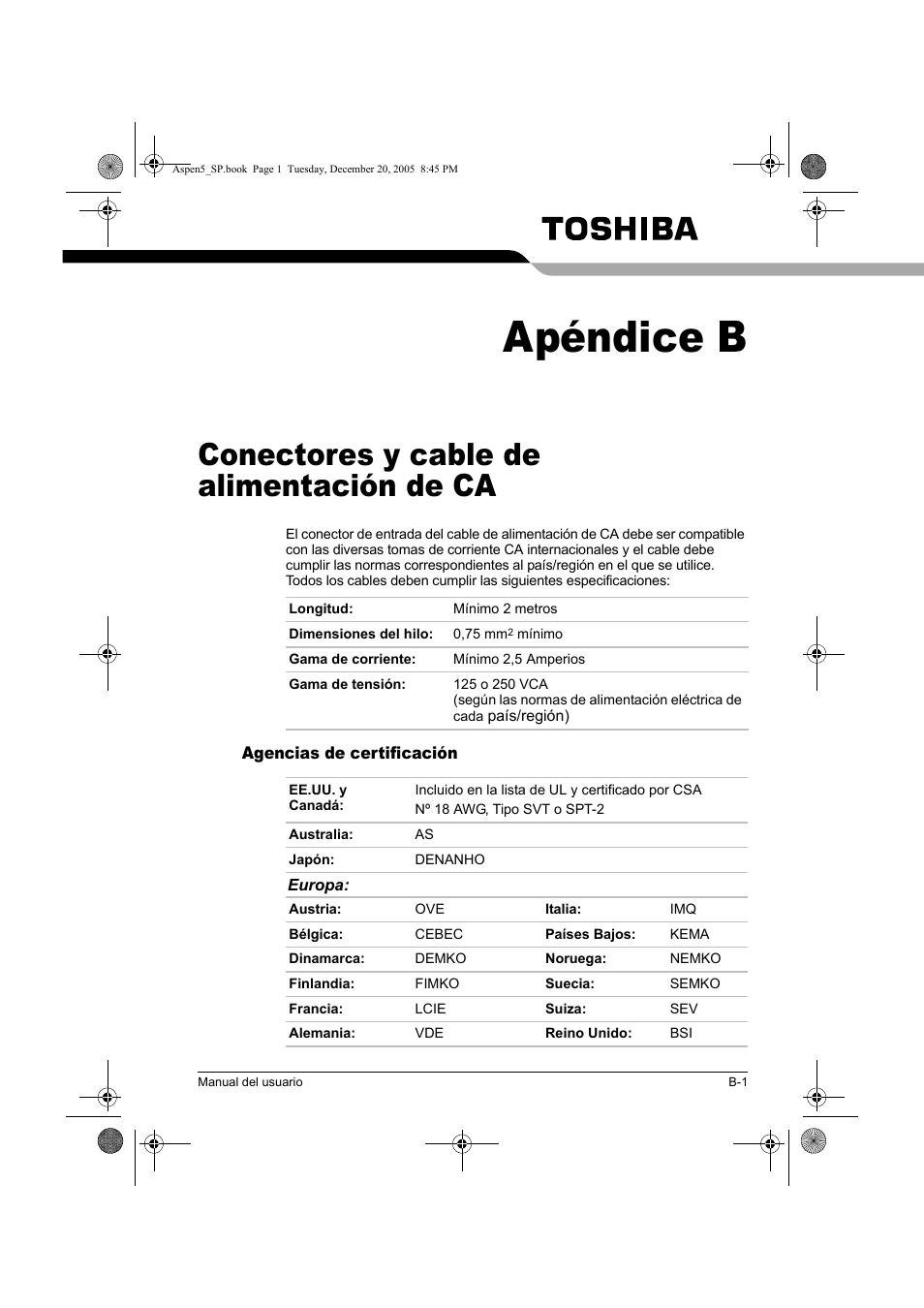 Apéndice b, Conectores y cable de alimentación de ca | Toshiba Express Port Replicator User Manual | Page 157 / 280