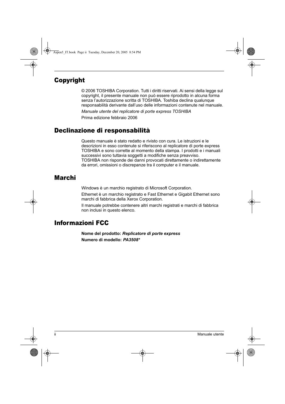 Copyright, Declinazione di responsabilità, Marchi | Informazioni fcc | Toshiba Express Port Replicator User Manual | Page 162 / 280