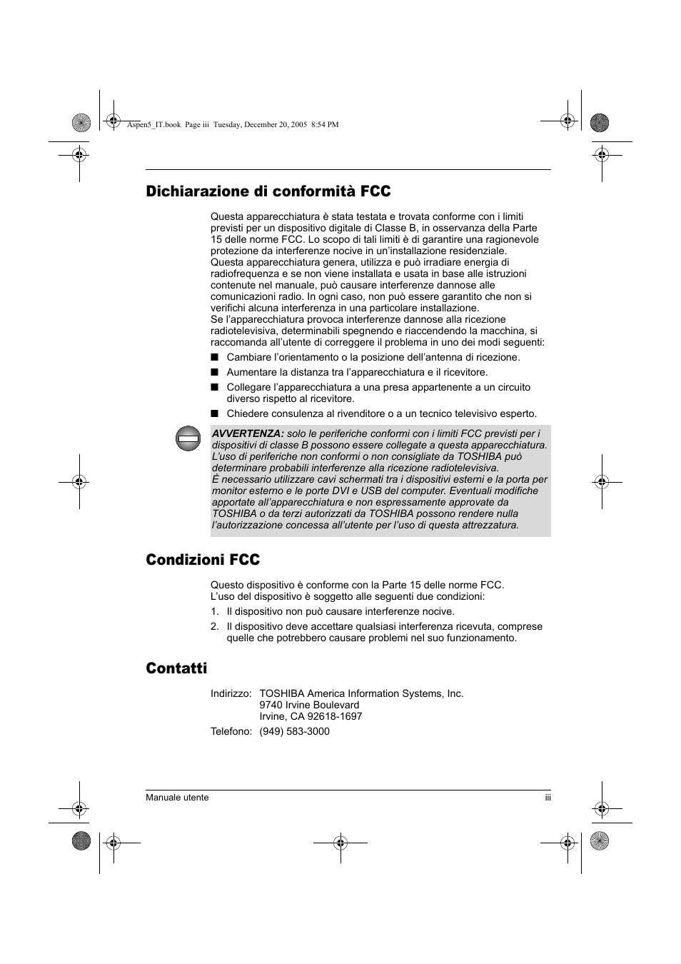 Dichiarazione di conformità fcc, Condizioni fcc, Contatti | Toshiba Express Port Replicator User Manual | Page 163 / 280