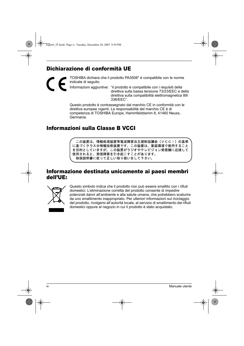 Dichiarazione di conformità ue | Toshiba Express Port Replicator User Manual | Page 164 / 280