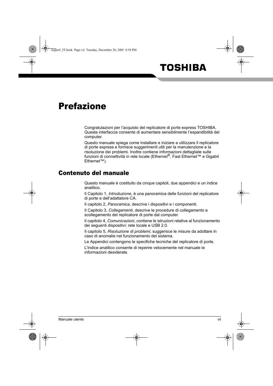 Prefazione, Contenuto del manuale | Toshiba Express Port Replicator User Manual | Page 167 / 280