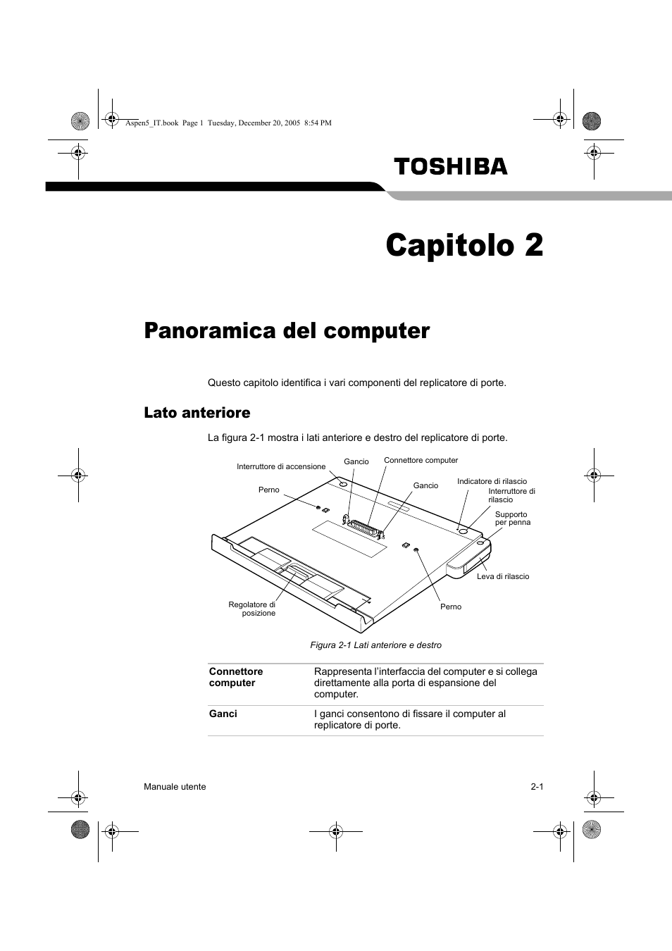 Capitolo 2, Panoramica del computer, Lato anteriore | Toshiba Express Port Replicator User Manual | Page 173 / 280