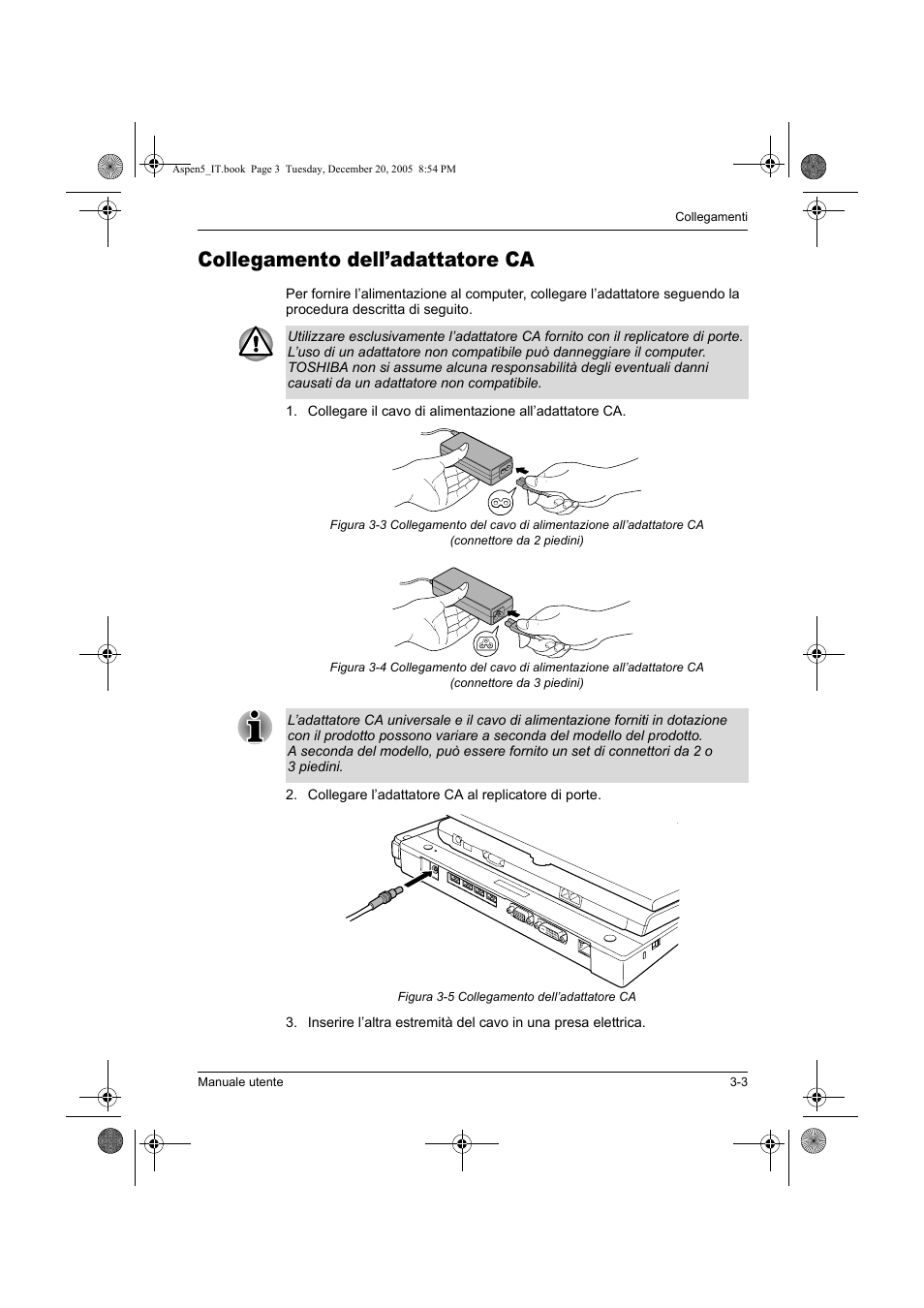 Collegamento dell’adattatore ca | Toshiba Express Port Replicator User Manual | Page 181 / 280