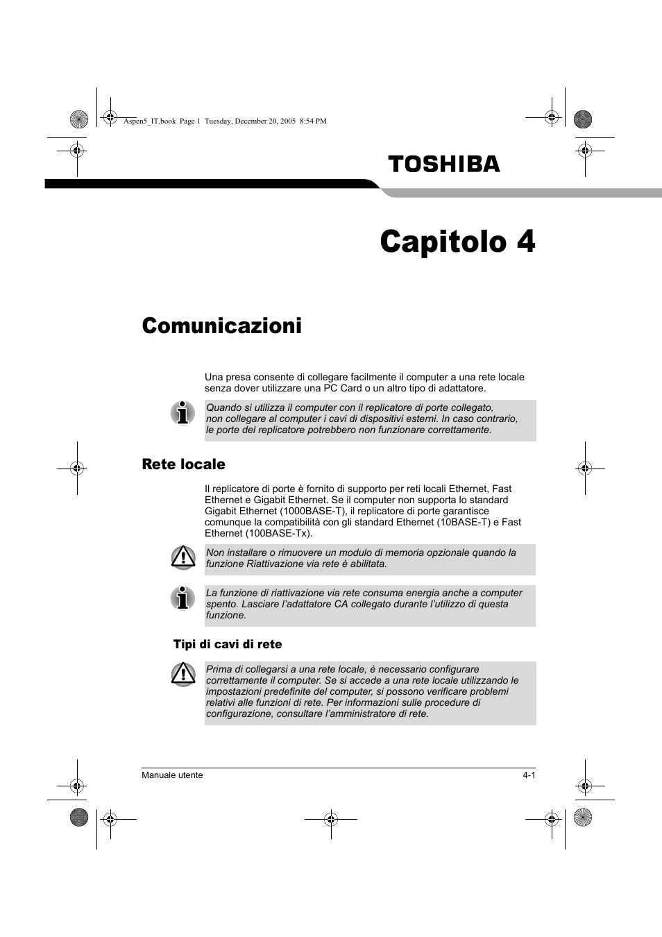 Capitolo 4, Comunicazioni, Rete locale | Toshiba Express Port Replicator User Manual | Page 185 / 280