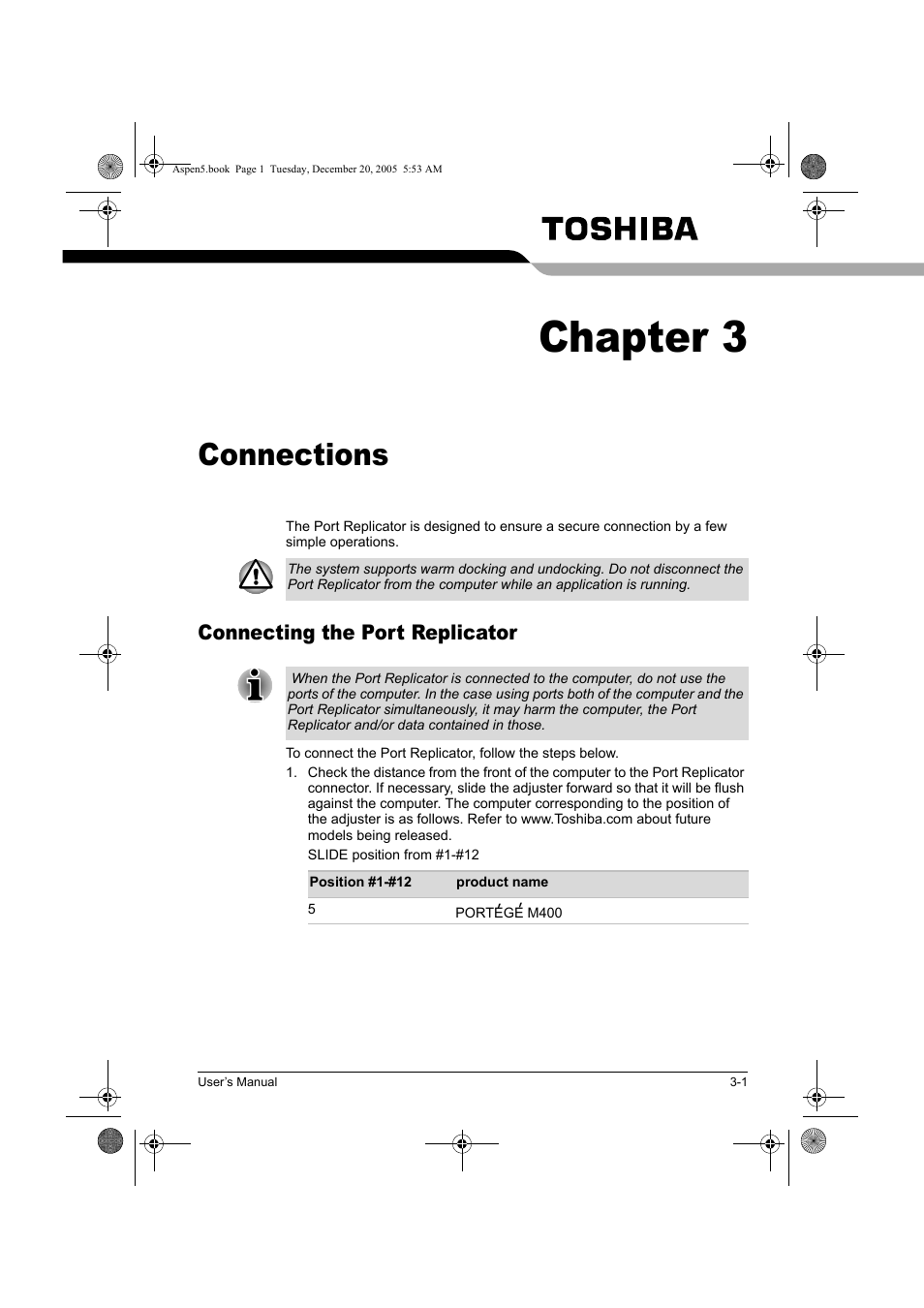 Chapter 3, Connections, Connecting the port replicator | Toshiba Express Port Replicator User Manual | Page 19 / 280