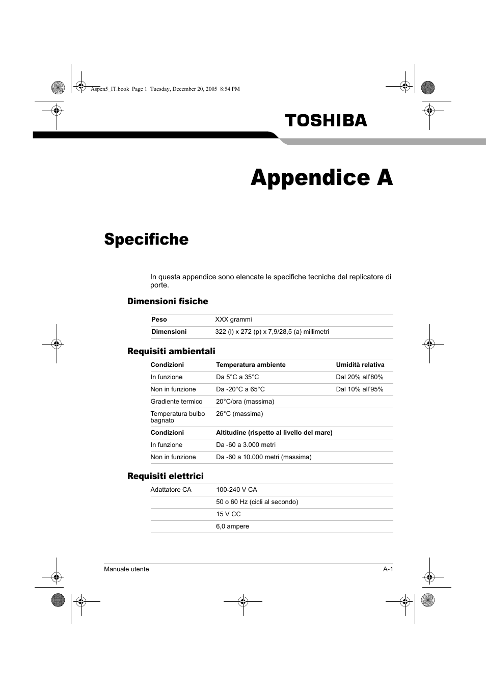 Appendice a, Specifiche | Toshiba Express Port Replicator User Manual | Page 195 / 280