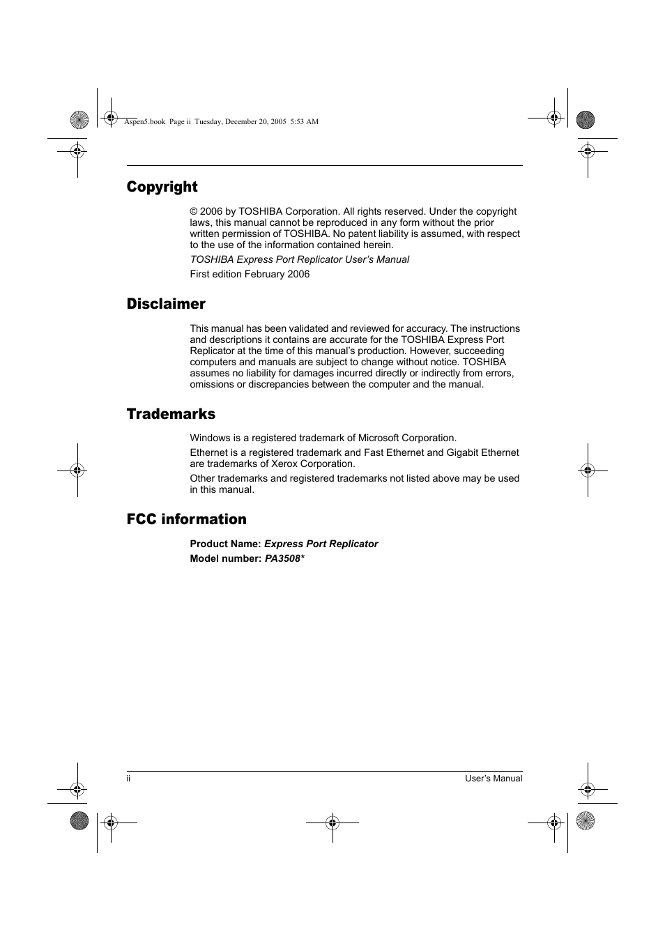 Copyright, Disclaimer, Trademarks | Fcc information | Toshiba Express Port Replicator User Manual | Page 2 / 280