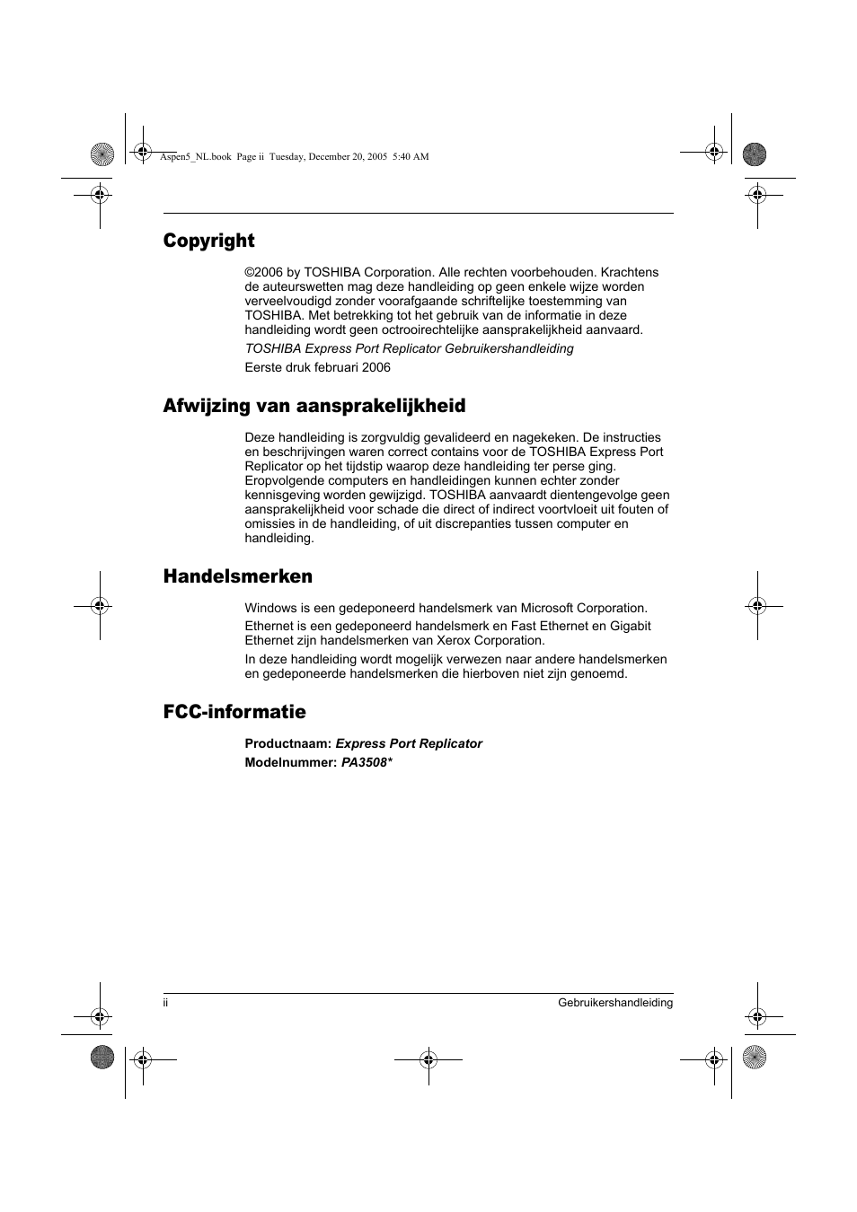Copyright, Afwijzing van aansprakelijkheid, Handelsmerken | Fcc-informatie | Toshiba Express Port Replicator User Manual | Page 202 / 280