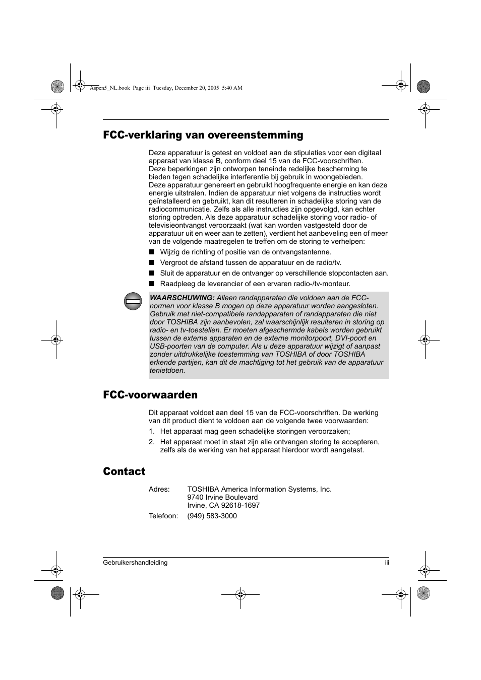 Fcc-verklaring van overeenstemming, Fcc-voorwaarden, Contact | Toshiba Express Port Replicator User Manual | Page 203 / 280