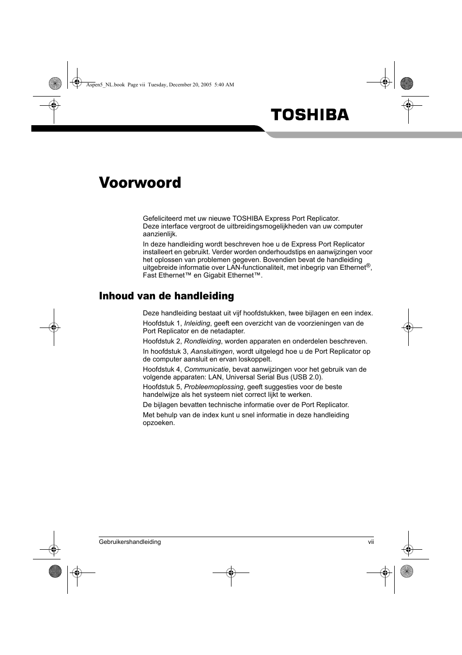 Voorwoord, Inhoud van de handleiding | Toshiba Express Port Replicator User Manual | Page 207 / 280