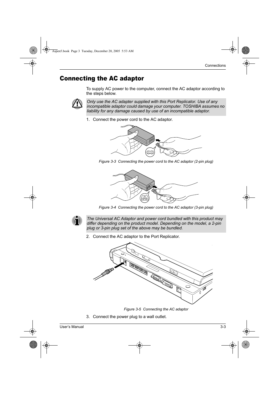 Connecting the ac adaptor | Toshiba Express Port Replicator User Manual | Page 21 / 280