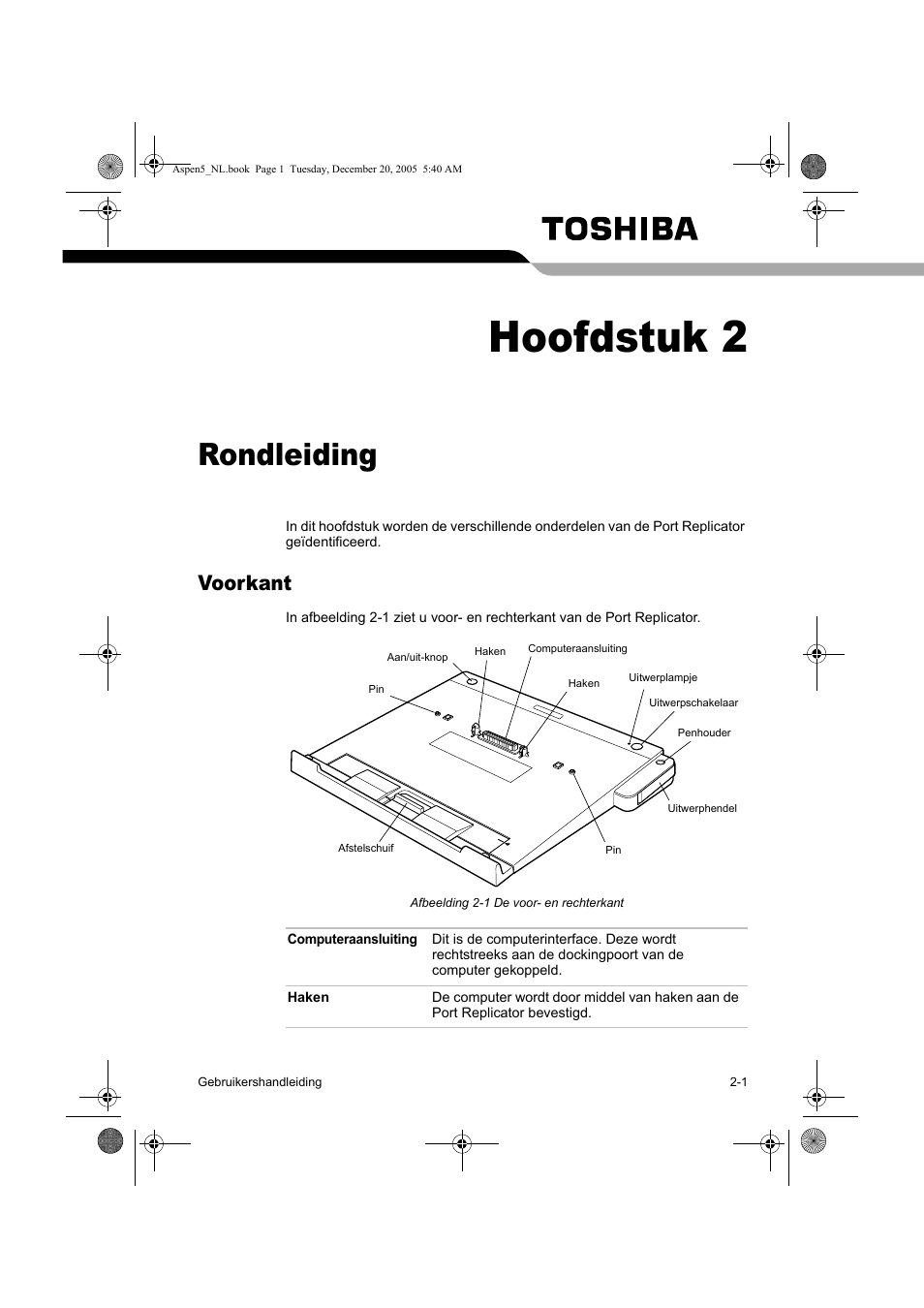 Hoofdstuk 2, Rondleiding, Voorkant | Toshiba Express Port Replicator User Manual | Page 213 / 280