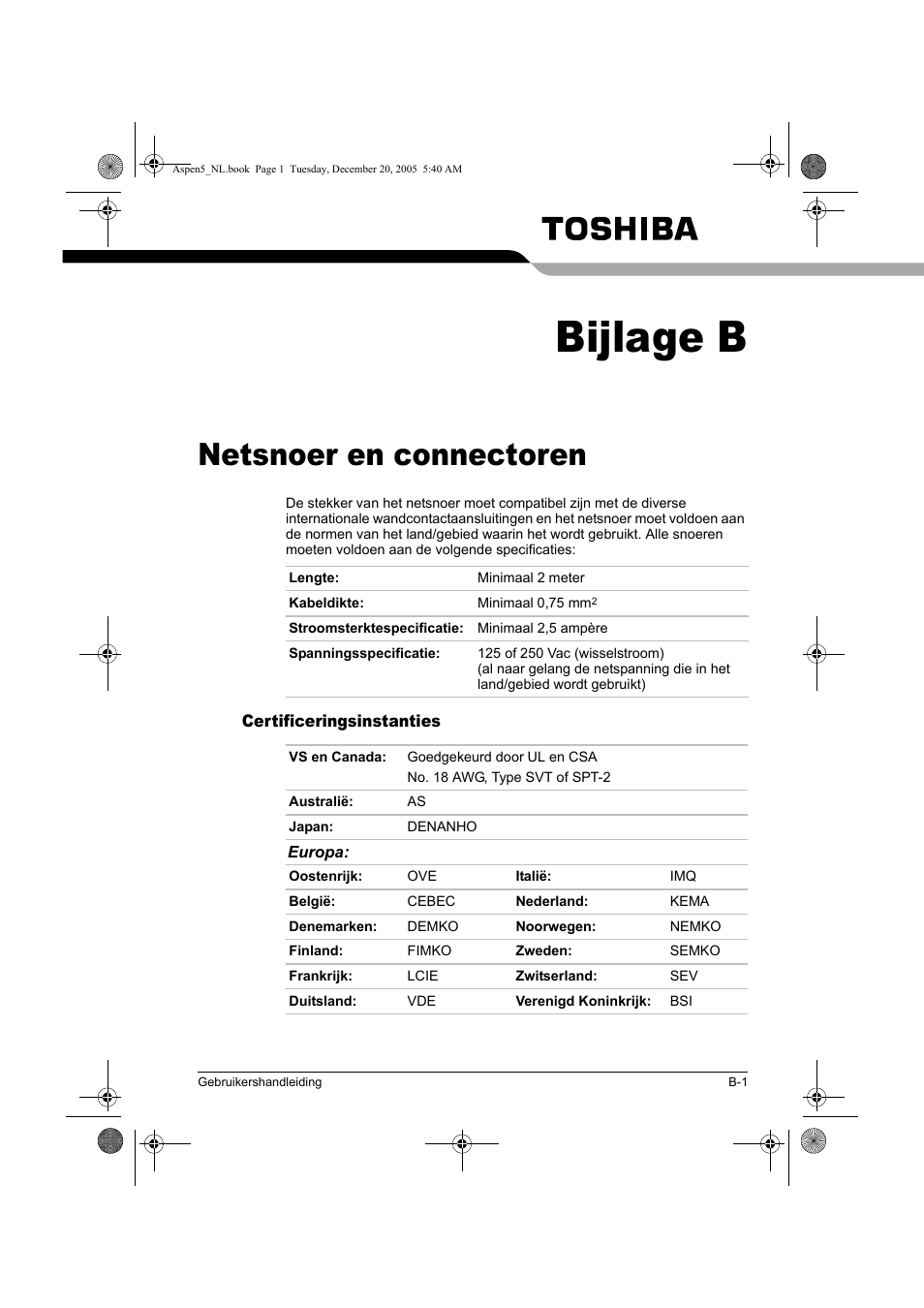Bijlage b, Netsnoer en connectoren | Toshiba Express Port Replicator User Manual | Page 237 / 280