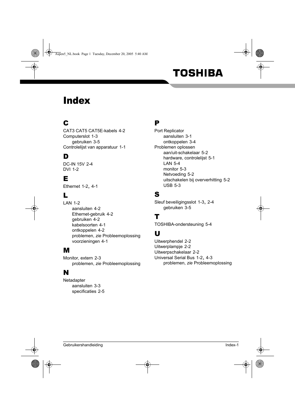 Index | Toshiba Express Port Replicator User Manual | Page 239 / 280