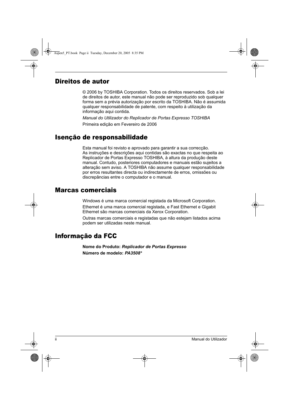 Direitos de autor, Isenção de responsabilidade, Marcas comerciais | Informação da fcc | Toshiba Express Port Replicator User Manual | Page 242 / 280