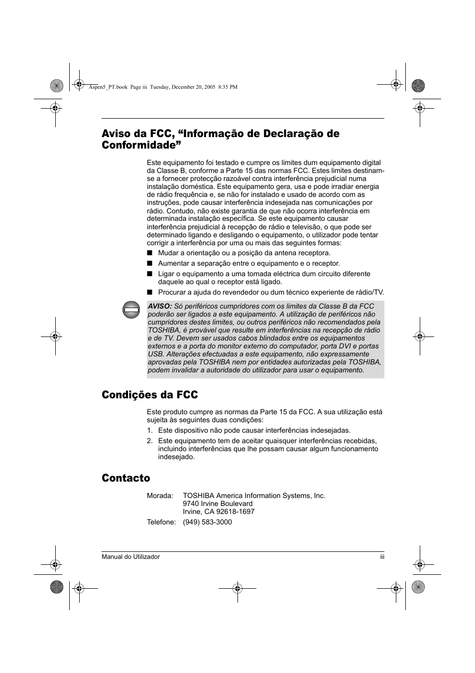 Condições da fcc, Contacto | Toshiba Express Port Replicator User Manual | Page 243 / 280