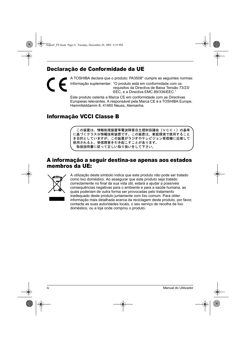 Declaração de conformidade da ue | Toshiba Express Port Replicator User Manual | Page 244 / 280