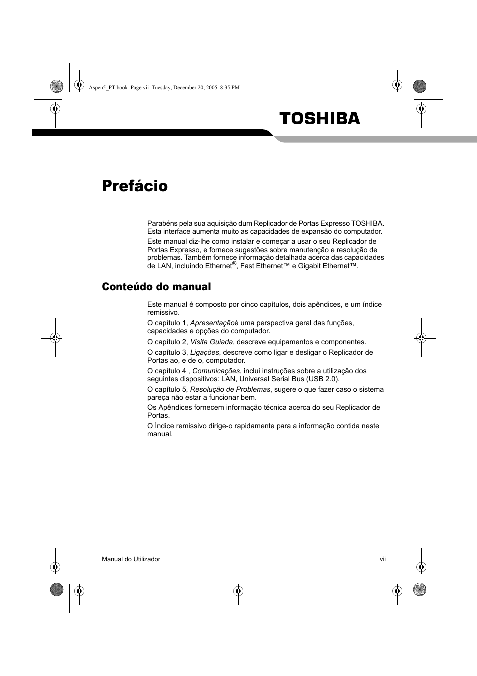 Prefácio, Conteúdo do manual | Toshiba Express Port Replicator User Manual | Page 247 / 280