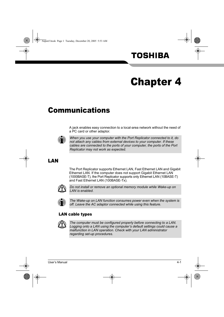 Chapter 4, Communications | Toshiba Express Port Replicator User Manual | Page 25 / 280