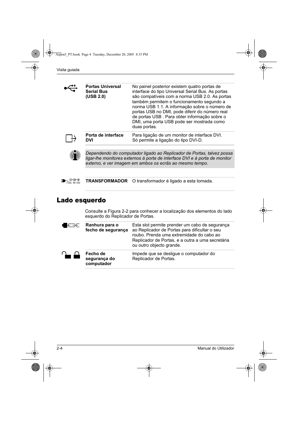 Lado esquerdo | Toshiba Express Port Replicator User Manual | Page 256 / 280