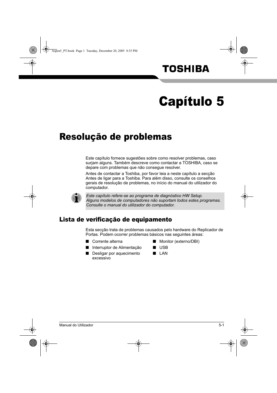 Capítulo 5, Resolução de problemas, Lista de verificação de equipamento | Toshiba Express Port Replicator User Manual | Page 269 / 280