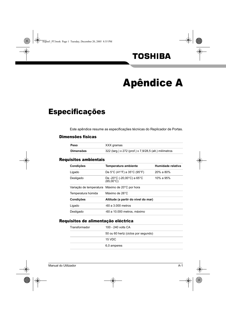 Apêndice a, Especificações | Toshiba Express Port Replicator User Manual | Page 275 / 280