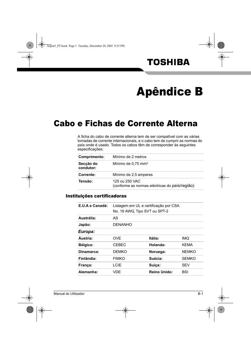Apêndice b, Cabo e fichas de corrente alterna | Toshiba Express Port Replicator User Manual | Page 277 / 280
