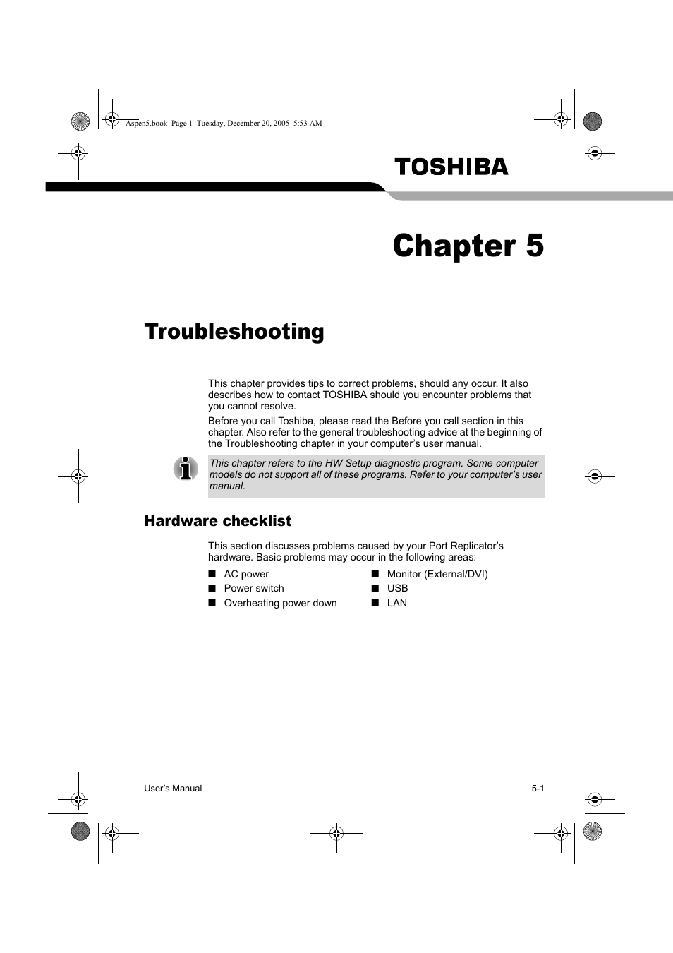 Chapter 5, Troubleshooting, Hardware checklist | Toshiba Express Port Replicator User Manual | Page 29 / 280