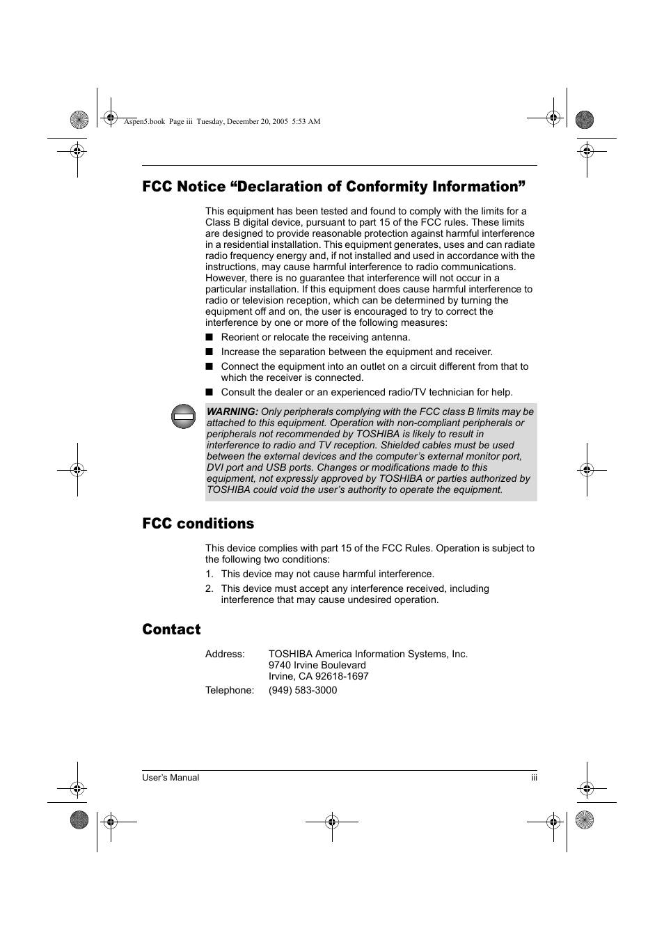 Fcc notice “declaration of conformity information, Fcc conditions, Contact | Toshiba Express Port Replicator User Manual | Page 3 / 280