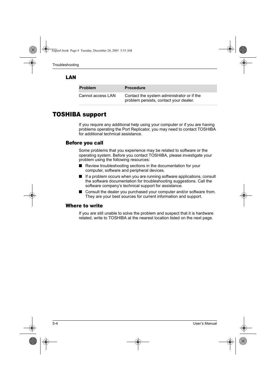 Toshiba support | Toshiba Express Port Replicator User Manual | Page 32 / 280